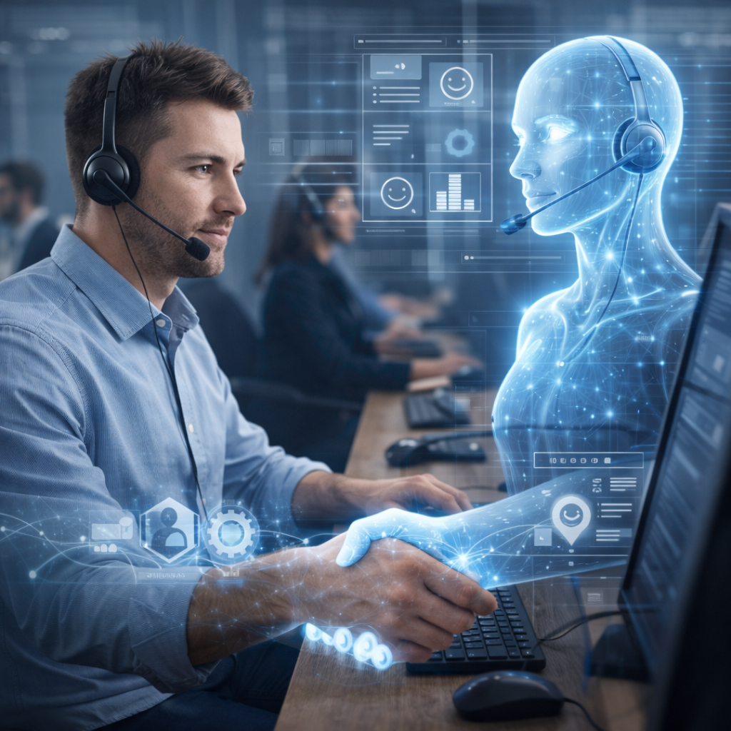 AI and human customer service agents collaborating in a modern contact center
